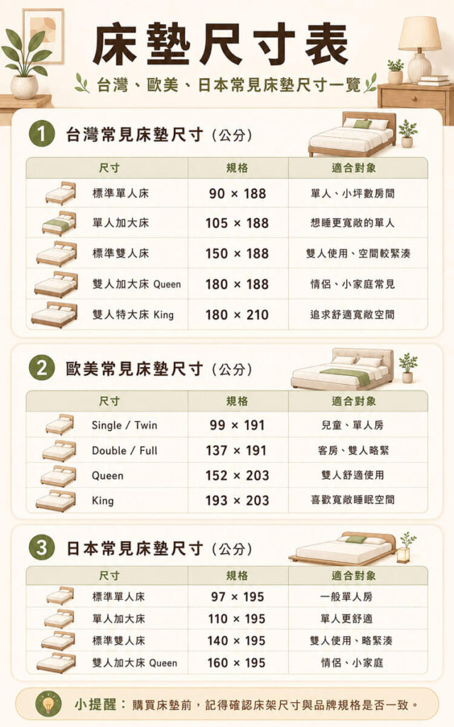 床墊尺寸懶人包_床墊尺寸表